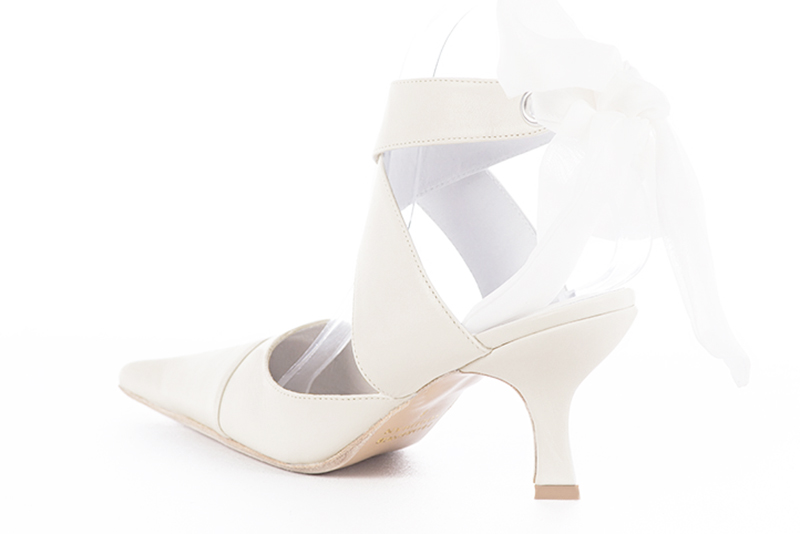 Off white women's open back shoes, with crossed straps. Pointed toe. High spool heels. Rear view - Florence KOOIJMAN